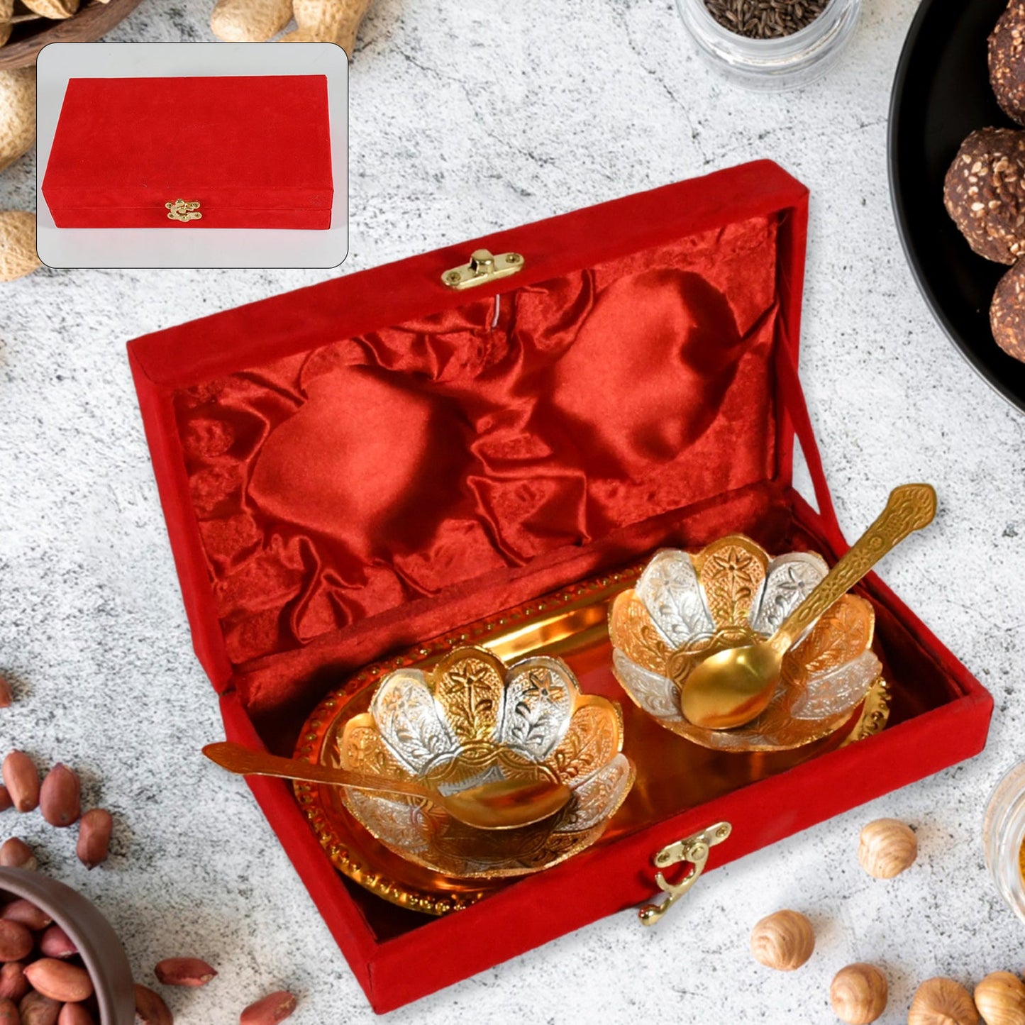 5in1 Gold Silver Plated 2 Bowl 2 Spoon Tray Set Brass with Red Velvet Gift Box Serving Dry Fruits Desserts Gift