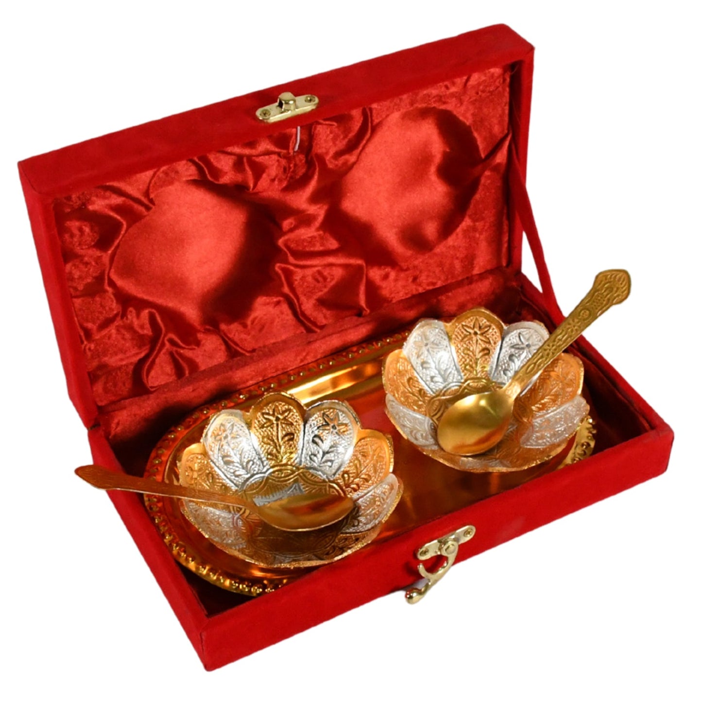 5in1 Gold Silver Plated 2 Bowl 2 Spoon Tray Set Brass with Red Velvet Gift Box Serving Dry Fruits Desserts Gift