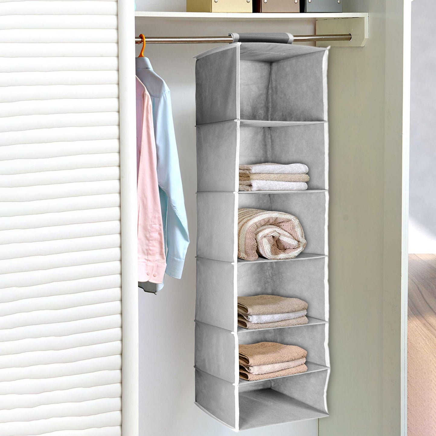 Efficient hanging organizer for keeping clothes tidy.