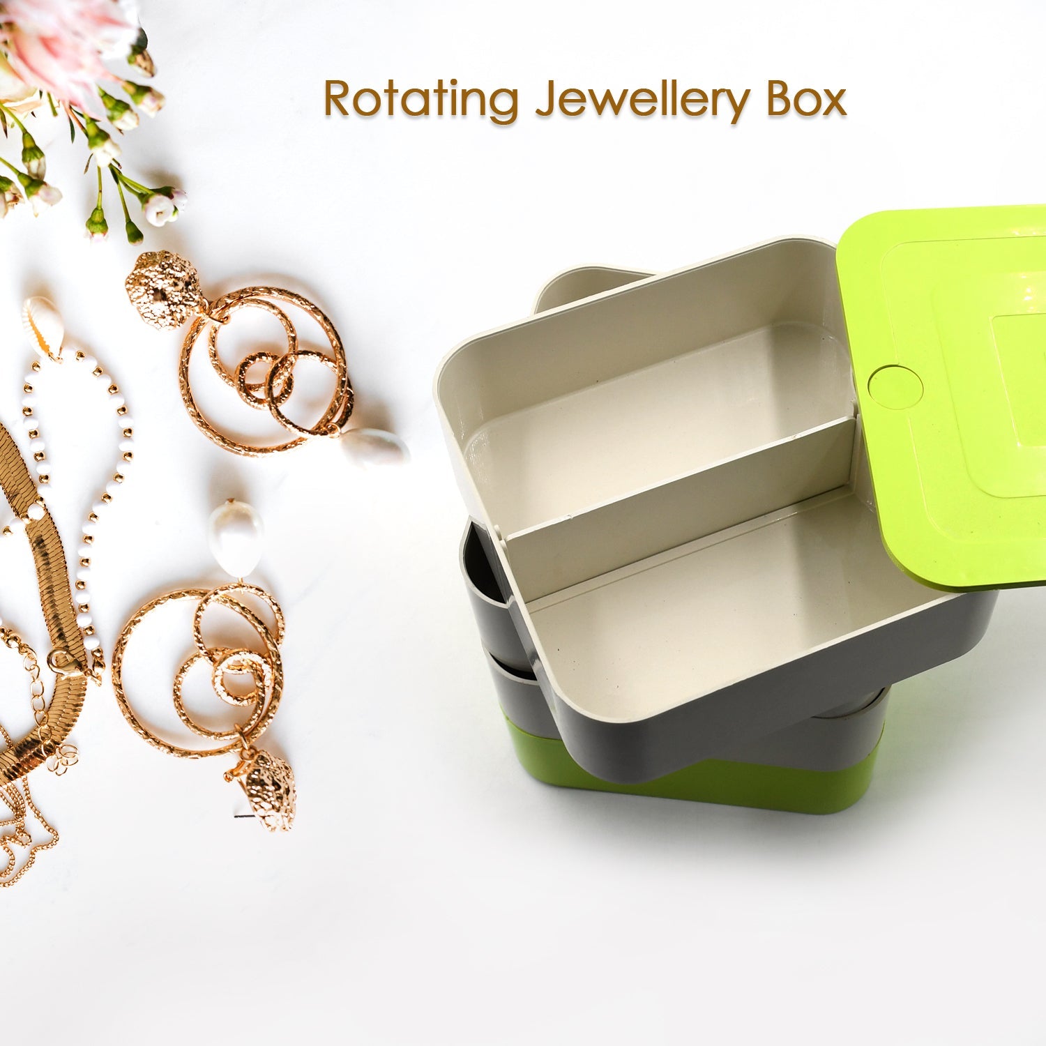 Rotating jewelry box with 4 layers, for organizing accessories and jewelry.