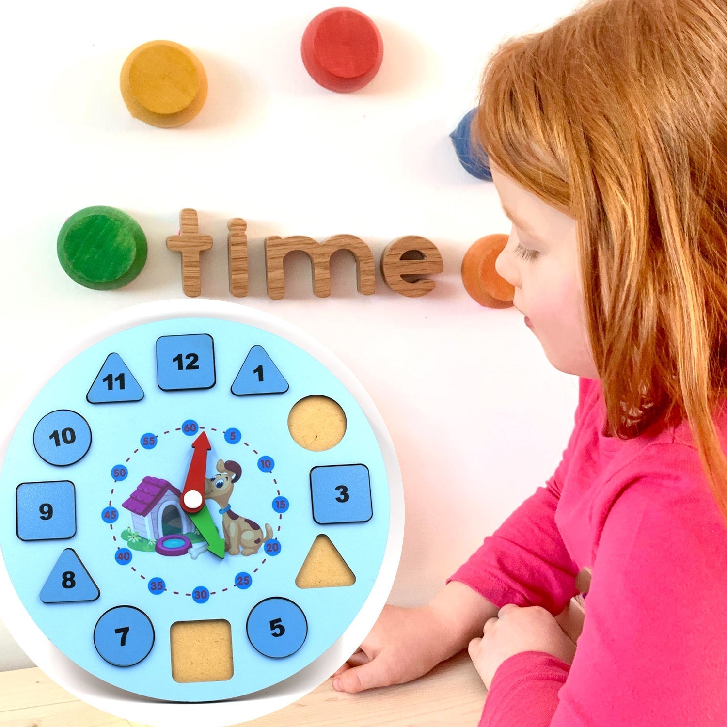 Detailed view of wooden clock toy for teaching time.