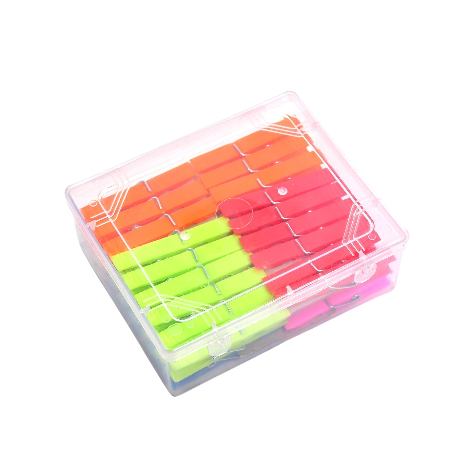 Set of 36 plastic clothes clips with container.