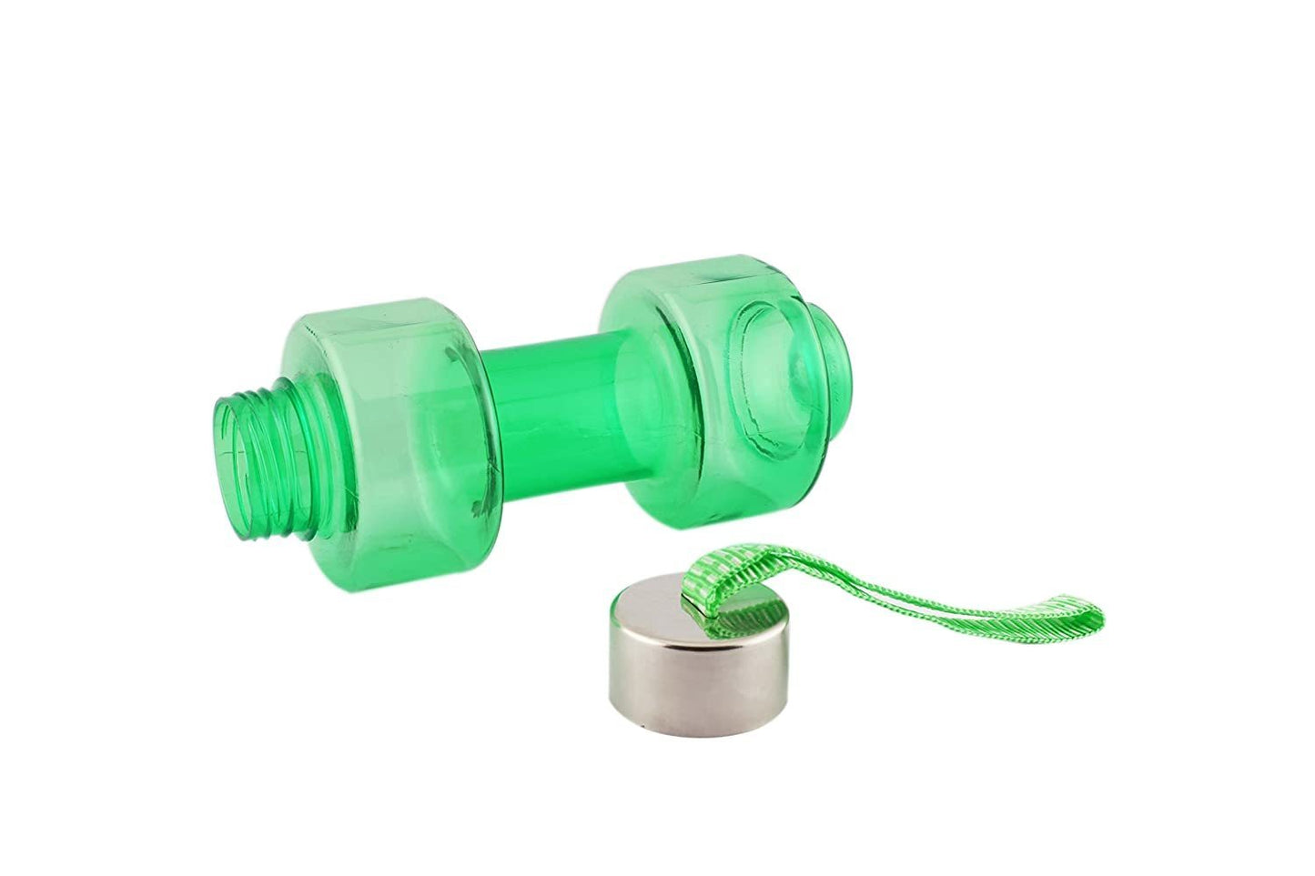 Dumbbell-shaped water bottle with a steel cap, perfect for exercise and hydration.