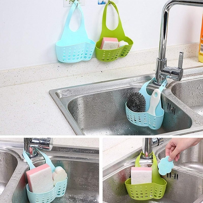 Adjustable sink basket for organizing and draining water from kitchen or bathroom essentials.