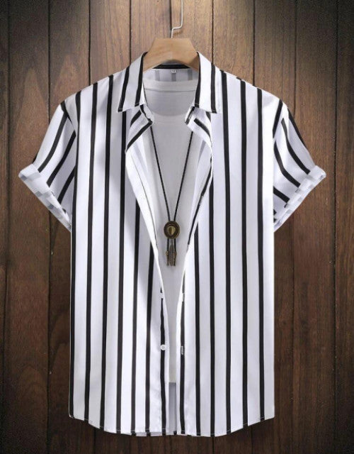 Men Regular Fit Striped Curved Collar Casual Shirt