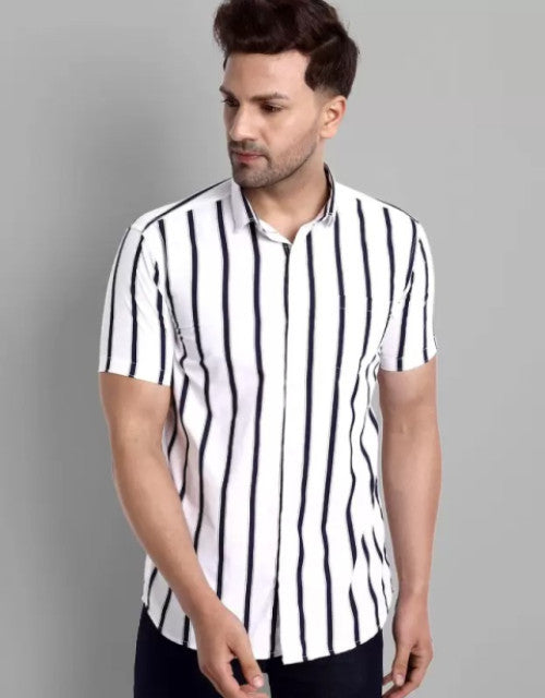 Men Regular Fit Striped Curved Collar Casual Shirt