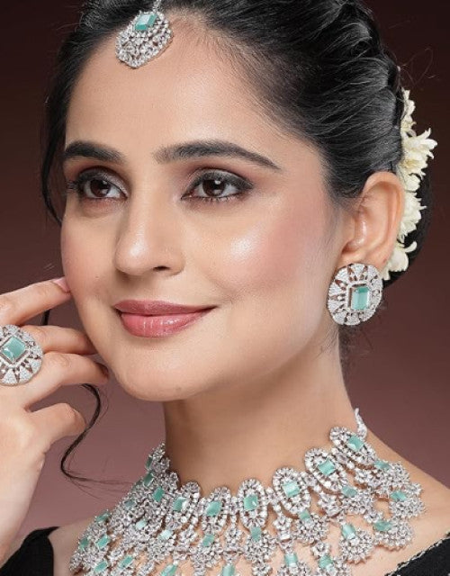 Rhodium-Plated American Diamond Studded Tasselled Necklace With Earrings Ring & MaangTikka Jewellery Set For Girls and Women