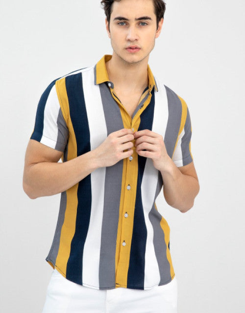 Slim Fit Color Block Cut Away Collar Casual Shirt