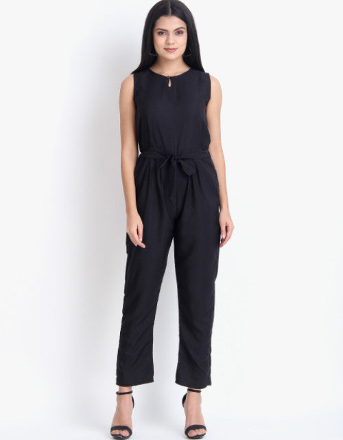 Women Casual Solid Black Sleeveless Full Length Crepe Jumpsuit